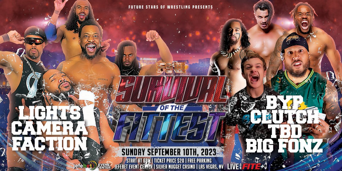 FSWVegas's tweet image. TOMORROW on @FiteTV+!  

𝙁𝙚𝙖𝙩𝙪𝙧𝙞𝙣𝙜 
-4 Way Tag Title Match 
-I Quit: Sharpe x @SuperJAYcup
-@alexhammerstone x @DannyLimeLight
-@TheJaiVidal x @niczanderyb
-Women's Title Gauntlet 
-BBC x Remy/Graves/?
-#LightsCameraFaction x BMC/EOC/BYP/TBD

🎟️: tinyurl.com/FSWtix