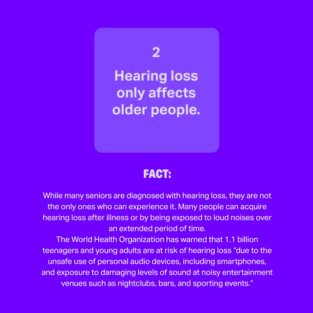 HearCANADA_'s tweet photo. 👂 Don't let myths cloud your understanding of hearing loss! 🚫✨

Let's set the record straight and break down these misconceptions. From debunking age-related assumptions to highlighting the importance of prevention, we're here to empower you with the facts. https://t.co/y4MxN2Haf0