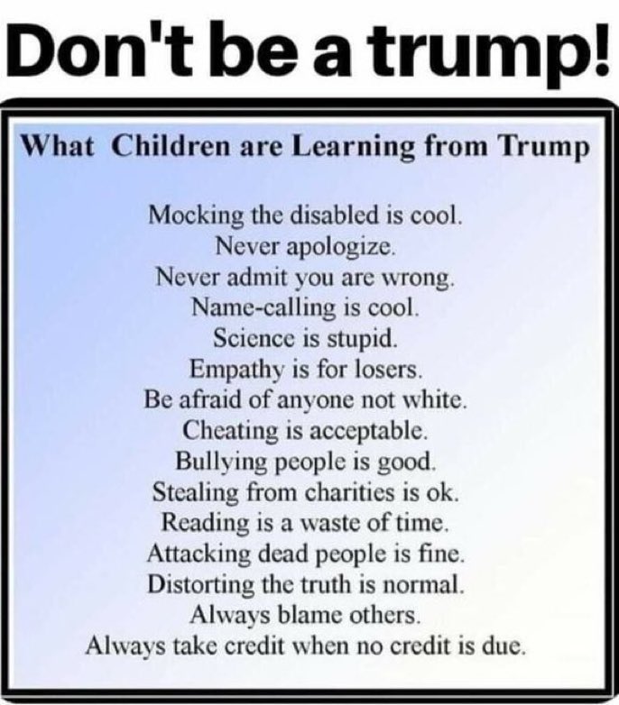 Don’t let your children be Trumped by a society that teaches them to mock the disabled, science is stupid, empathy is for losers, and lying is normal. Our kids deserve better from us. Put Trump in the past to make sure America’s children have a better future. #FreshVoicesRise