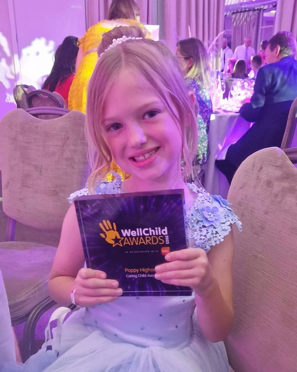 StaceyHigham88's tweet photo. My gorgeous girl Poppy won an award for Caring Child at the Well Childs Award ceremony in London. Thank you so much @WellChild for amazing day, memories made that will last a lifetime 💜 Poppy had an absolute ball, didn't stop smiling or dancing 😍 https://t.co/R2PybfDA6N