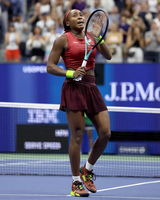 Picture of Coco Gauff after the match showing emotion.