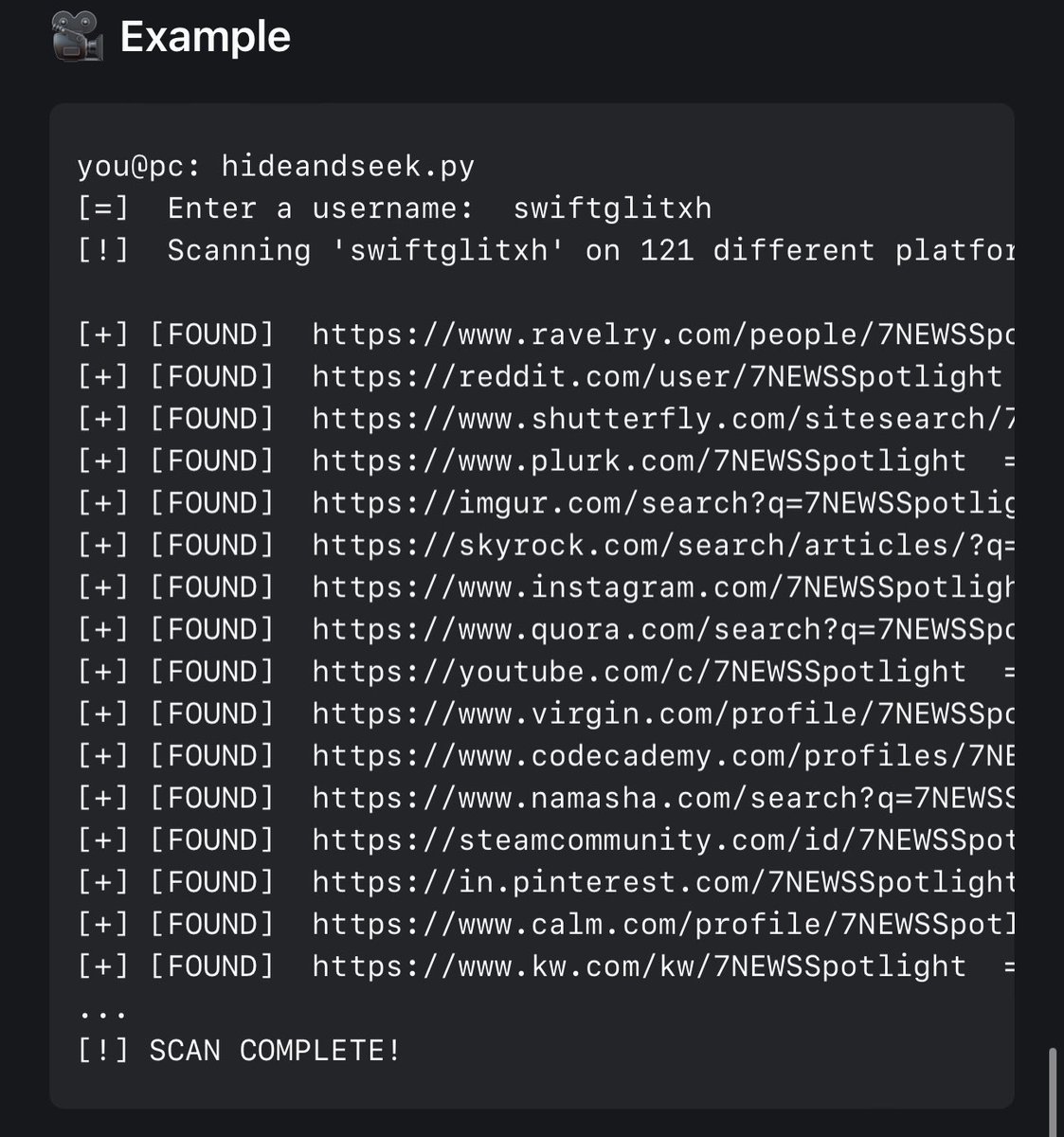 SwiftGlitxh's tweet image. This tool is called &quot;HideAndSeek.&quot; It is a Python script that allows you to scan multiple websites for a specific username.

github.com/swiftglitxh/hi…

#hack #havking #python #github #cyber #CyberSecurity #like4like #script