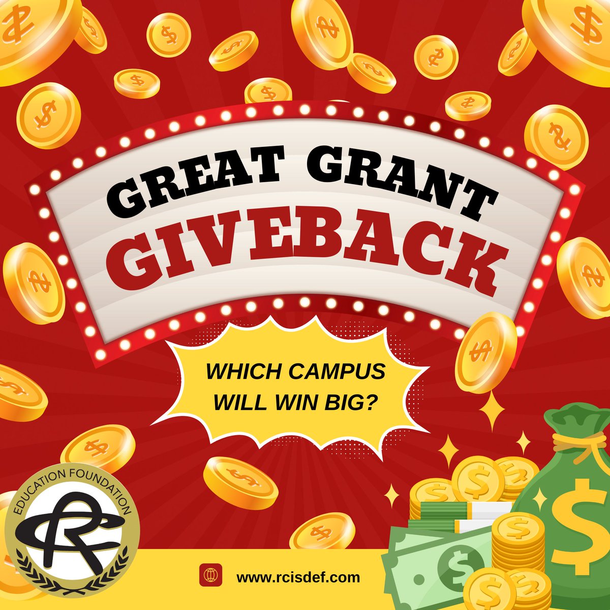Help your school win the Great Grant Giveback Contest. Each campus is asking for donations to the Royse City ISD Education Foundation. All campuses will directly receive 50% of the funds raised and the winning campus will receive 75%! Visit our FB page for all of campus links.