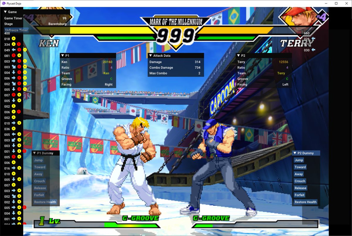 Capcom vs SNK 2 on NAOMI with enhanced Training Mode overlay. Includes input overlay, individual player data, attack data, and dummy controls.