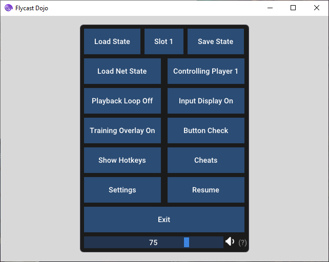 Enhanced Training Mode menu. Allows for loading netplay savestate, controlling players as dummies, custom overlay toggle and recording features.