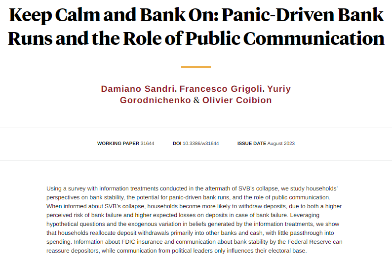 Learning about bank risk makes consumers more likely to withdraw their deposits, but information about FDIC insurance and communication about bank stability by the Fed can reassure depositors, from Sandri, @Grigoli82, @YGorodnichenko, and Coibion nber.org/papers/w31644