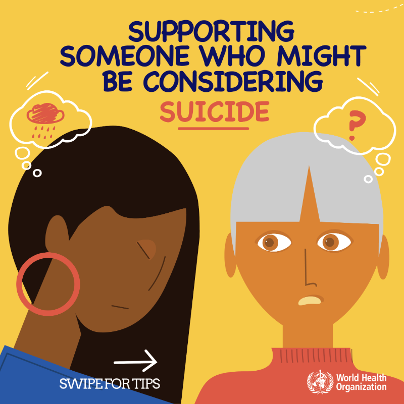 WHO's tweet photo. It's #WorldSuicidePreventionDay 

If you're worried that someone is at risk of #suicide, here's what you can do: 
💙 Talk to them about how they're feeling 
💙 Encourage them to seek professional help 
💙 Check in with them regularly