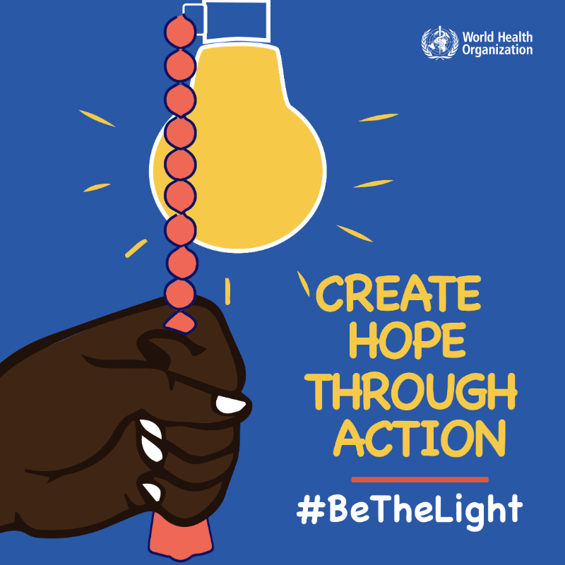 WHO's tweet photo. It's #WorldSuicidePreventionDay 

If you're worried that someone is at risk of #suicide, here's what you can do: 
💙 Talk to them about how they're feeling 
💙 Encourage them to seek professional help 
💙 Check in with them regularly