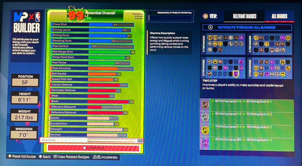 matthews_0001's tweet image. Let me know if my nba 2k24 next gen build is good? It’s a Stretch 4 that is a all around player. Would you change anything about the build? #NBA2K24 #2k #2kbuild