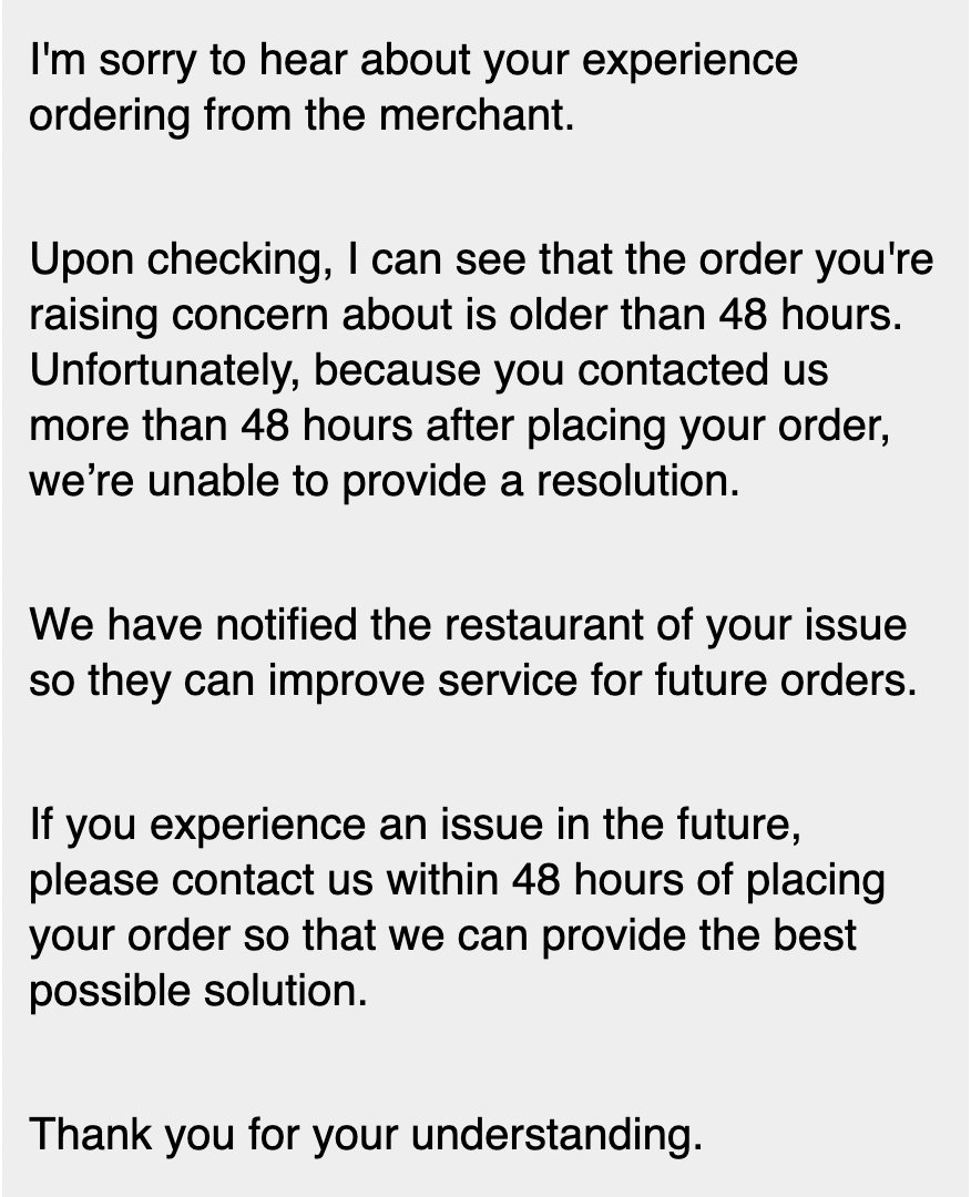 Isgordix's tweet photo. @UberEats #CustomerService wrote this response twice as a lame excuse for their behavior and responsibility in addressing an issue when merchant has made an error that cost no more than a nominal amount of money, left order unfulfilled #amexgoldbenefit lost https://t.co/cgKaT6rN79