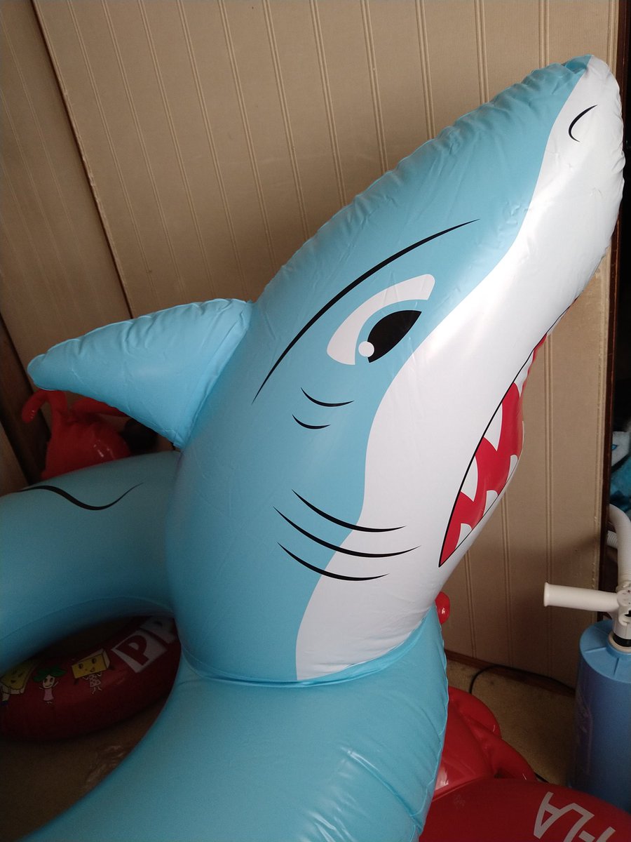 express9365m's tweet photo. この浮き輪に興味を持ったので手に入れたのだが
デ　カ　過　ぎ　た　www
ピザーラのエビマヨが小さく見えます。（115×160×80は伊達じゃない）プールに持ってくと迷惑がられるやつ
でもサメフロートとかみんなリアル柄だから、こういうマンガ顔は好きです。 https://t.co/5lQEhyLXFN