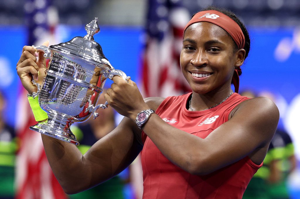 BET's tweet photo. GAME 🎾SET 🎾MATCH🏆

Congratulations @cocogauff for winning your first Grand Slam title at the @usopen!

From dancing in the stands to celebrating with your own trophy, this is what manifestation and hard work looks like. ✨

#BET #BlackGirlMagic #WhereBlackCultureLives https://t.co/U5EYTjJH3N