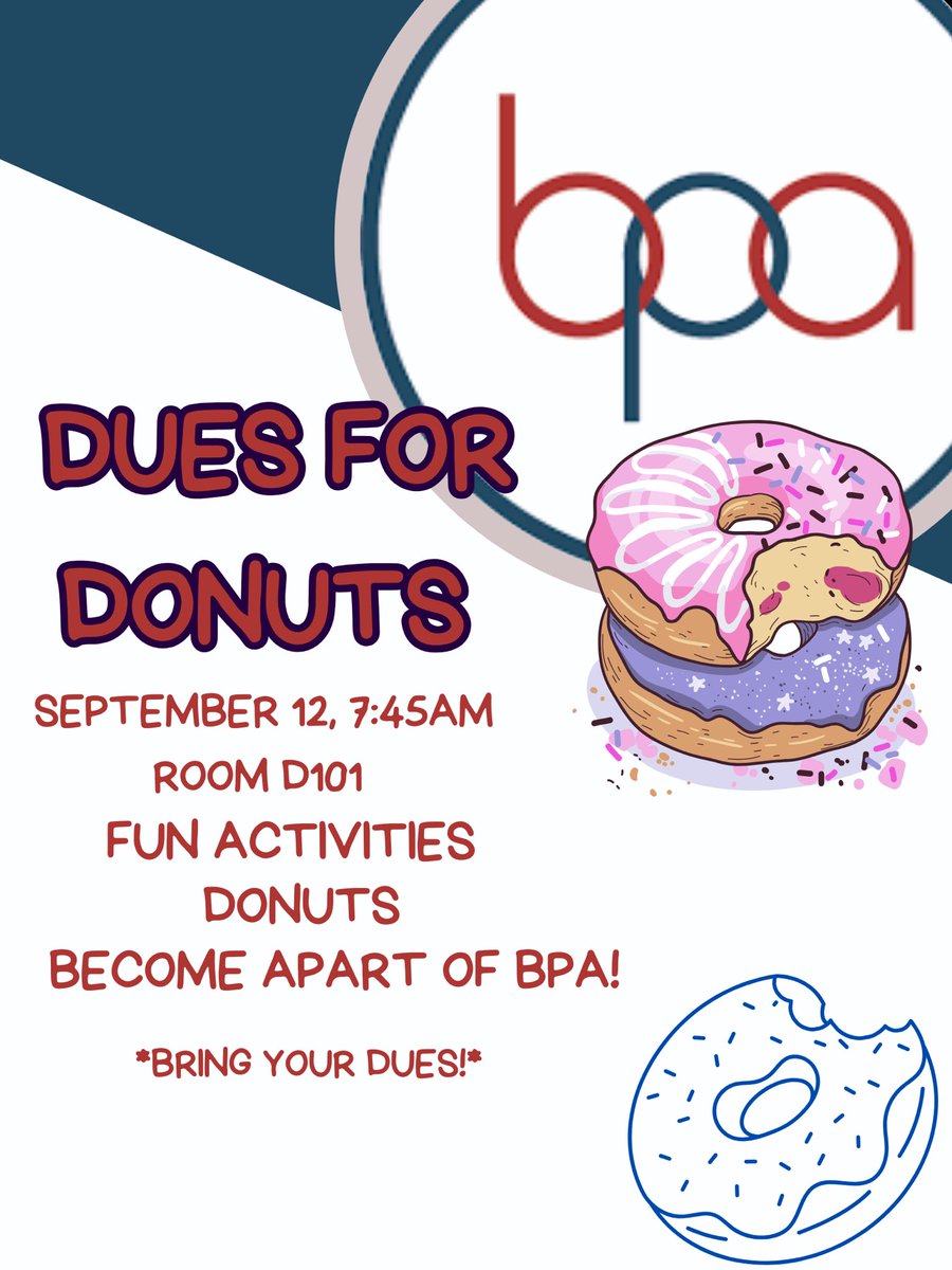BenDavisHS_BPA's tweet photo. The first club meeting will be September 12th. Bring your membership dues for donuts and get introduced to more people in the club! #clubmeeting #businessprofessionalsofamerica #bpaconnect https://t.co/lFv91jkrii