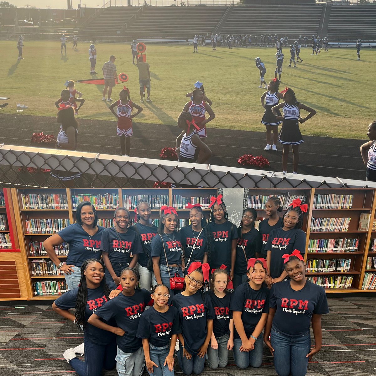 Ended our first football game of the season with a win! 🏈 Super proud of football players and cheerleaders for cheering on our team! 💙❤️