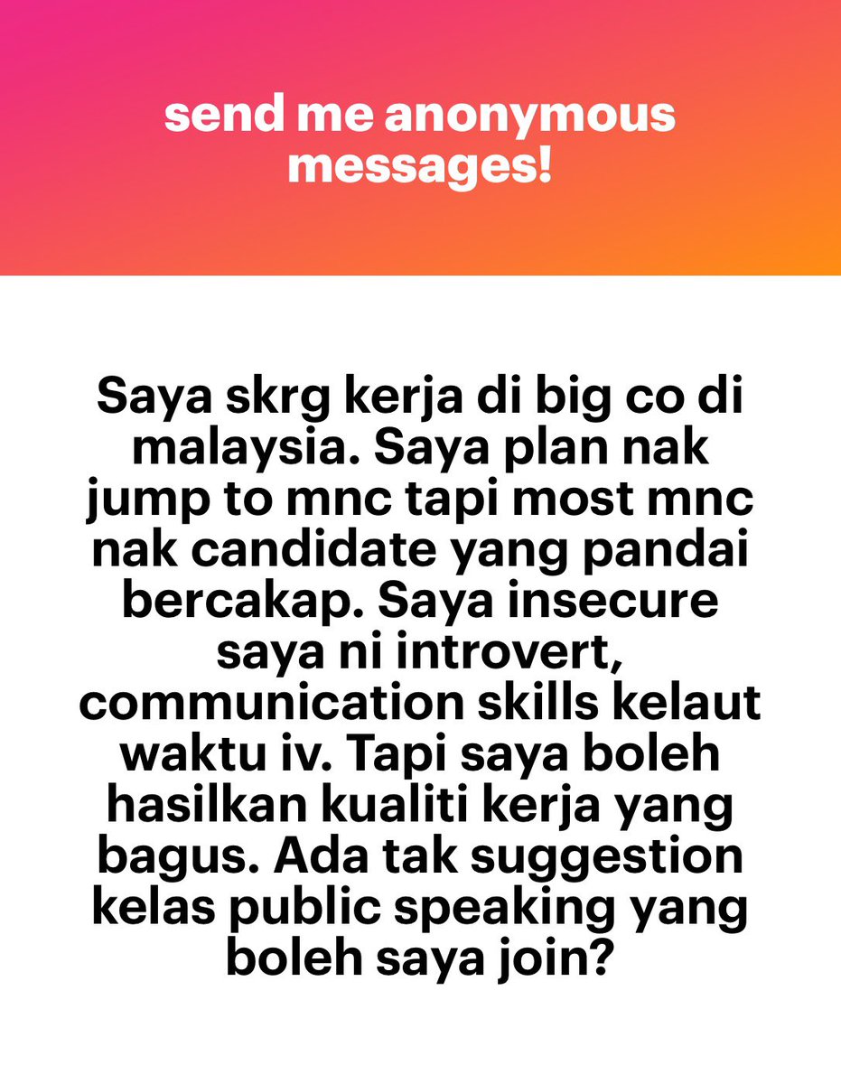chairmanGLC's tweet photo. This is a good question. What you need is soft skills/management communications class. SIRIM ada buat kelas ni among others. Worth to take a look. Good for you for trying to improve yourself.

https://t.co/VS1D4S6JWS https://t.co/0RuqPcEkjw