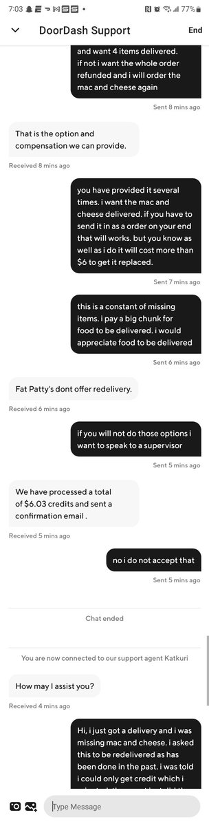 Prayl07's tweet photo. @DoorDash your support is liars. I asked for redelivery because as can be seen through screenshots it would cost me $13 for something you are only giving me $6. First person says they cant do it and proceeds to give me the credit when i refused. https://t.co/9ubEtcuNFo