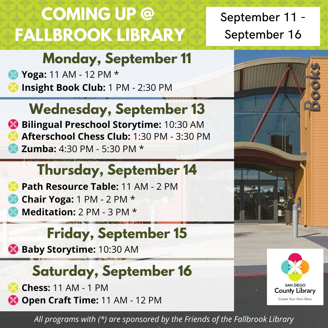 FallbrookSDCL's tweet image. Check out this week&apos;s events at the library!
#fallbrooklibrary #fallbrook #fallbrookca #sdcl