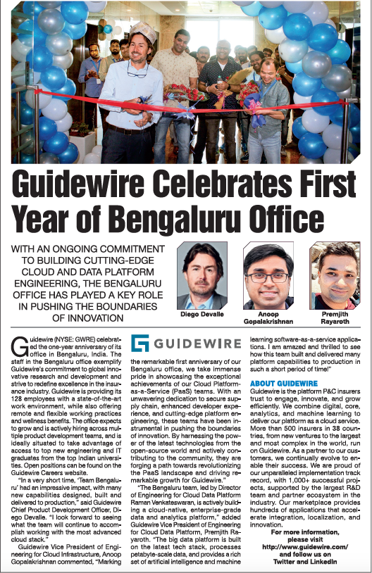 Guidewire_PandC's tweet photo. We recently celebrated the Bengaluru office's one-year anniversary! Read more in the press release and check out event pictures and local news coverage! https://t.co/Lrq7A1a9x4 https://t.co/R2JdaI8WUP
