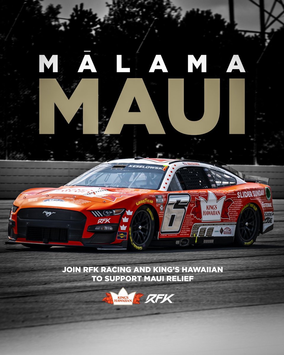 RFK Racing and @KingsHawaiian are joining forces to support the Hawaii Community Foundation's Maui Strong Fund. YOU can bid on body panels from @keselowski's Tribute To Veterans car. All proceeds will be donated to the Maui Strong Fund. 👉🏼 ebay.to/44LUnK0
