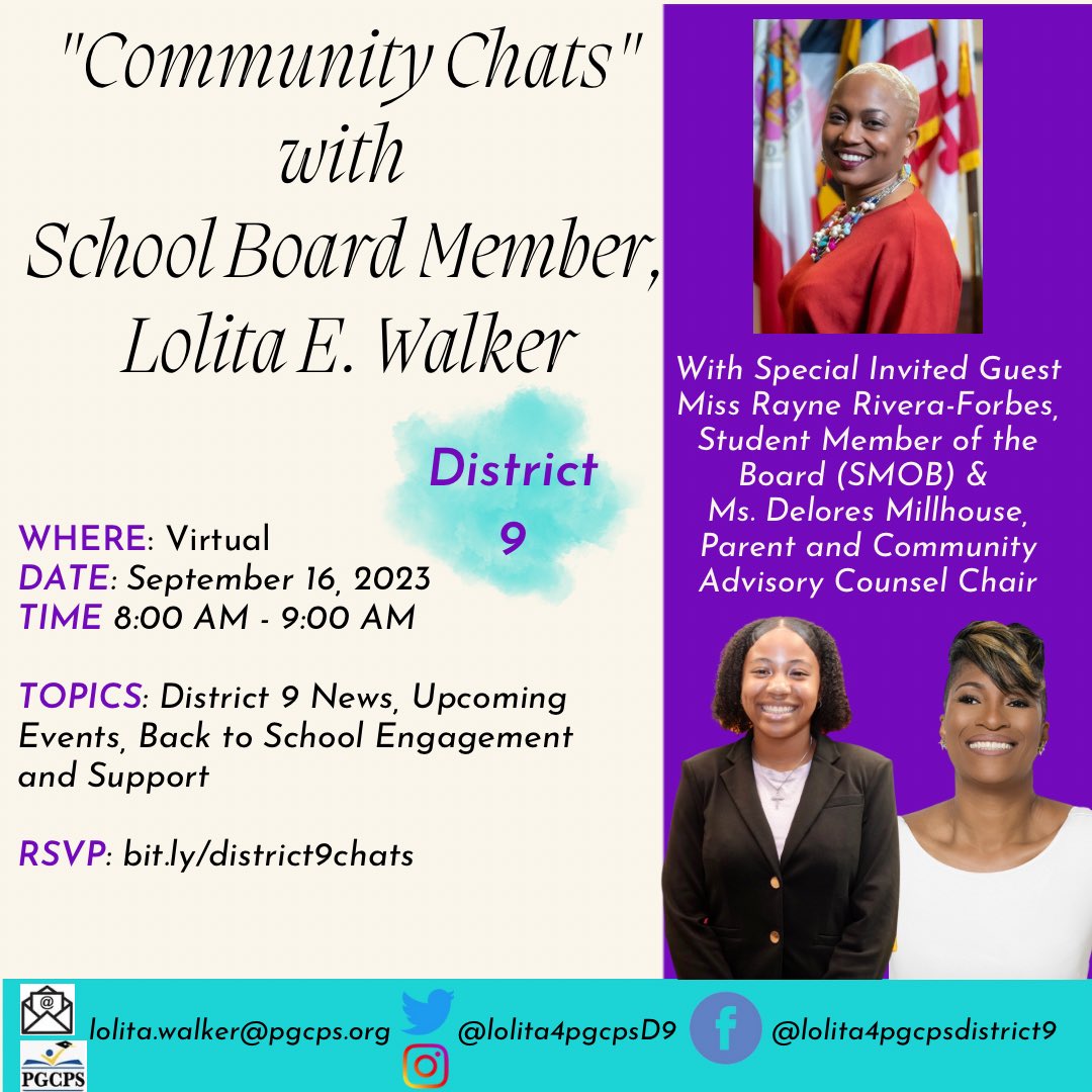 iamlolitawalker's tweet photo. CALLING ALL DISTRICT9 PARENTS &amp; COMMUNITY MEMBERS!!!  Join me on 9/16 @8am Student Board Member, Rayne Rivera-Forbes driving student engagement &amp; how we help + Ms. Delores Millhouse, President of our Parent &amp; Community Advisory Council (PCAC). 
register at https://t.co/zR0wnjOcJD https://t.co/z3U4ZHibCX