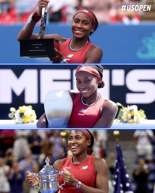 Photos: 3 photos of Coco Gauff with her championship trophies. 