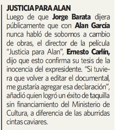 #JusticiaParaAlan: 'Si tuviera que volver a editar el documental, me gustaría agregar esa declaración (en donde Barata negó sobornos a ex presidente). #OtrosSeVendenAlanNo 
(En Polidatos de @ExpresoPeru)