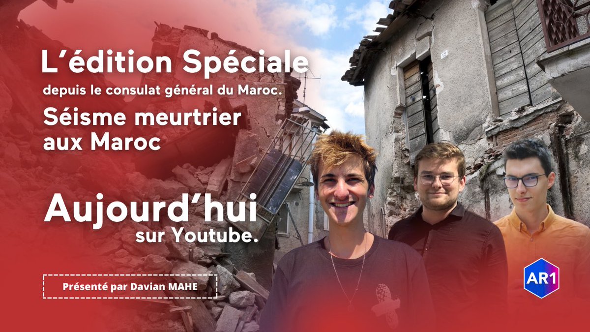 focus_lemedia's tweet photo. 🔴ÉDITION SPÉCIALE 

🚨AR1 est mobilisé pour vous informez sur les dernières informations du séisme au Maroc !

🗣️Présenté par @MaheDavian 

🎥Sur notre chaîne YouTube :
https://t.co/UpzxxYca3f https://t.co/qWZu6b6GwA