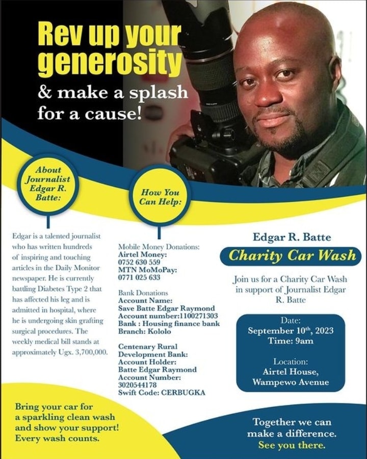Join us today for a charity car wash in support for journalist Edgar R. Batte. He's not only a journalist, but also an arts journalist who has given the film industry so much. Together we can make a difference. See  you there.

#SupportEdgarRBbatte
<a href="/DailyMonitor/">Daily Monitor</a>