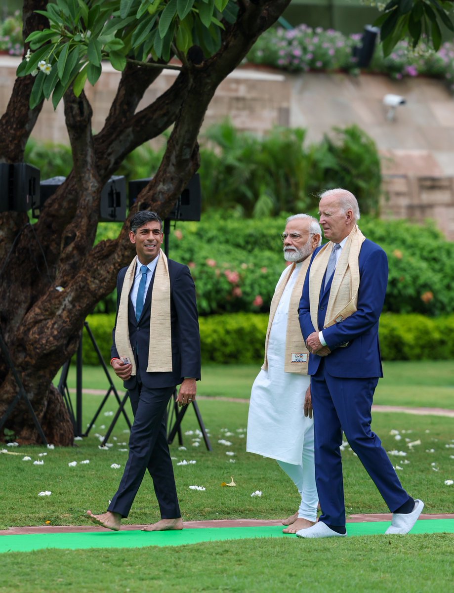 At the iconic Rajghat, the G20 family paid homage to Mahatma Gandhi - the beacon of peace, service, compassion and non-violence. As diverse nations converge, Gandhi Ji’s timeless ideals guide our collective vision for a harmonious, inclusive and prosperous global future.