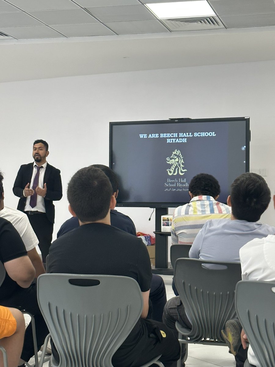 Mr_David_BHSR's tweet photo. Fantastic start to week at @BeechHallRiyadh. #mranwar delivered our secondary boys assembly with a focus on #science (celebrities who have degrees in science and business), #community and our schools’ sense of purpose and identify. Students loved it. So did the staff. @Ardles_ https://t.co/w89SOoxws8
