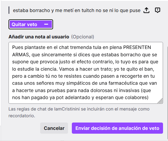 JoGonBa's tweet photo. Ayer en estas peticiones de unban tuvimos dos ejemplos de la ya clásica excusa del "Estaba borracho". Una que era perdonable, y otra que no. Aquí la que sí #Twitch #Moderatorsbemoderating #Twitch #Moderatorsbemoderating https://t.co/LXfBcSZhoI