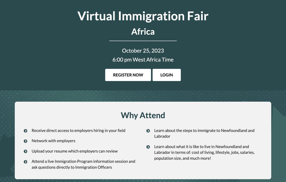 awesome_ama's tweet photo. Newfoundland &amp; Labrador, Canada is organizing a virtual job fair for Africa on 25 October 2023.

You will learn about the job opportunities and steps to immigrate there. 

Take advantage and all the best.

Tell a brother or sister.

Register here: https://t.co/4OgeCKkAzT https://t.co/t8707rSk6s
