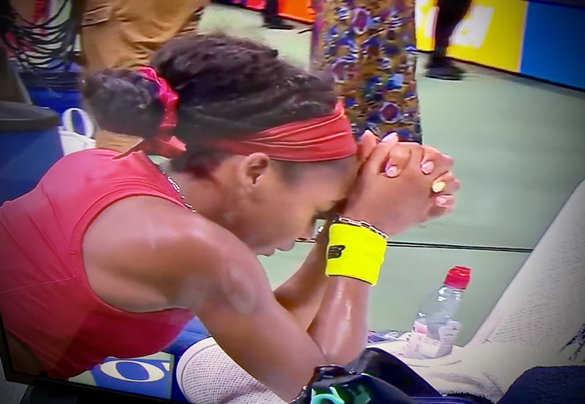 Coco Gauff kneeling on the bench and praying after winning the women’s singles at the US open this afternoon. We are never higher than when we kneel down low and lift up thanks to God. Congratulations Coco and thank you for the way you live your life! #CocoGauff #USOpen2023