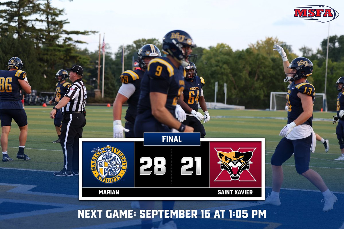 🏈 | FINAL

<a href="/MarianUFootball/">Marian Football</a> prevail in the fourth quarter to pick up the 28-21 victory against #13 Saint Xavier!

The Knights will be back at home next Saturday, September 16 when they host Olivet Nazarene. Kickoff is slated for 1:05 PM!