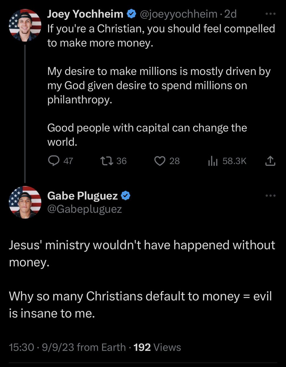 The Christian God needs money for his ministry. He wants his followers to be rich so they can spread the word and repair this broken world.

The Christian god—how they view him—is so powerless and small.