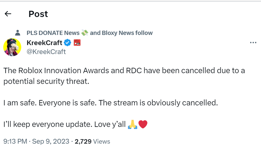 Roblox Innovation Awards canceled after threat of violence at RDC 2023