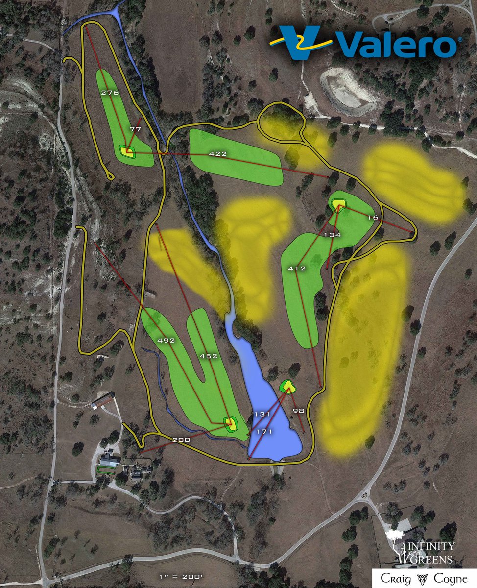 Just under 7,000 sq ft, this @CelebrityGreens features a spine that bisects the putting surface into three distinct sections. This green will be played from three tees, and three different angles. @craig_colton with the drawing and @RossFlinton on the shaping.