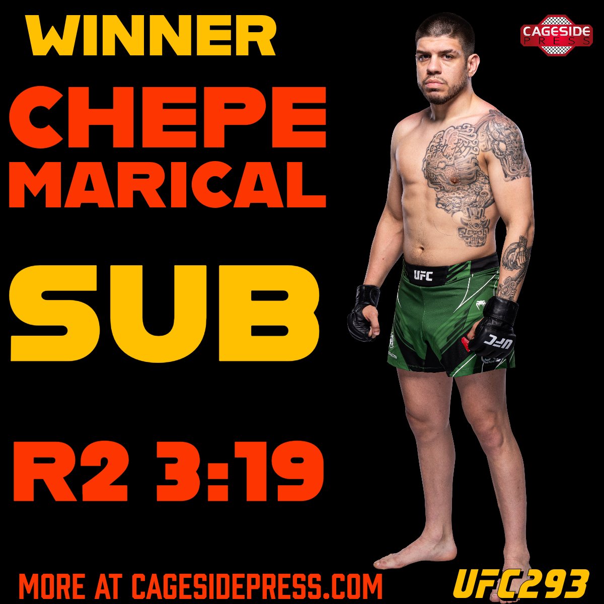 Chepe Mariscal def. Jack Jenkins via R2 Submission (Verbal Tap) 3:19 #UFC293 

Story coming to CagesidePress.com

#UFC #MMA #Sydney #ChepeMariscal