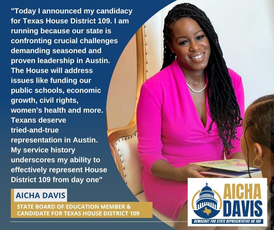I'm so humbled & excited to share that I'm running for the Texas House to be our voice for HD109! There continues to be full blown attacks on our public schools & teachers. I have the skill set & I'm ready to fight 💙 Can I count on your support?#txlege secure.actblue.com/donate/aichafo…