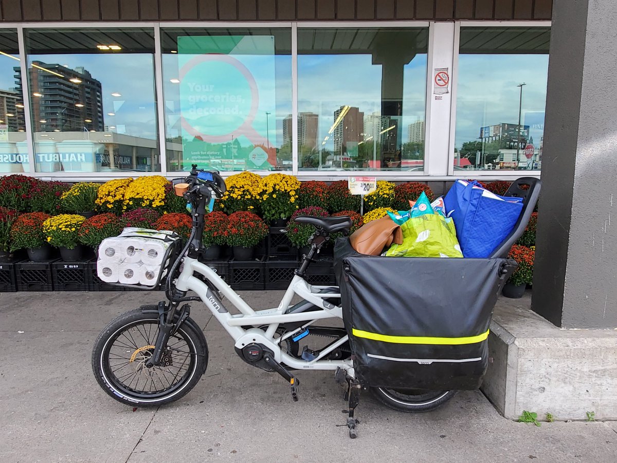 I can't tell you how good it feels to cruise down the street with a month's worth of pantry supplies on a friggin bicycle. This machine is magic.

#quaxing #BetterByBike #BikeTO