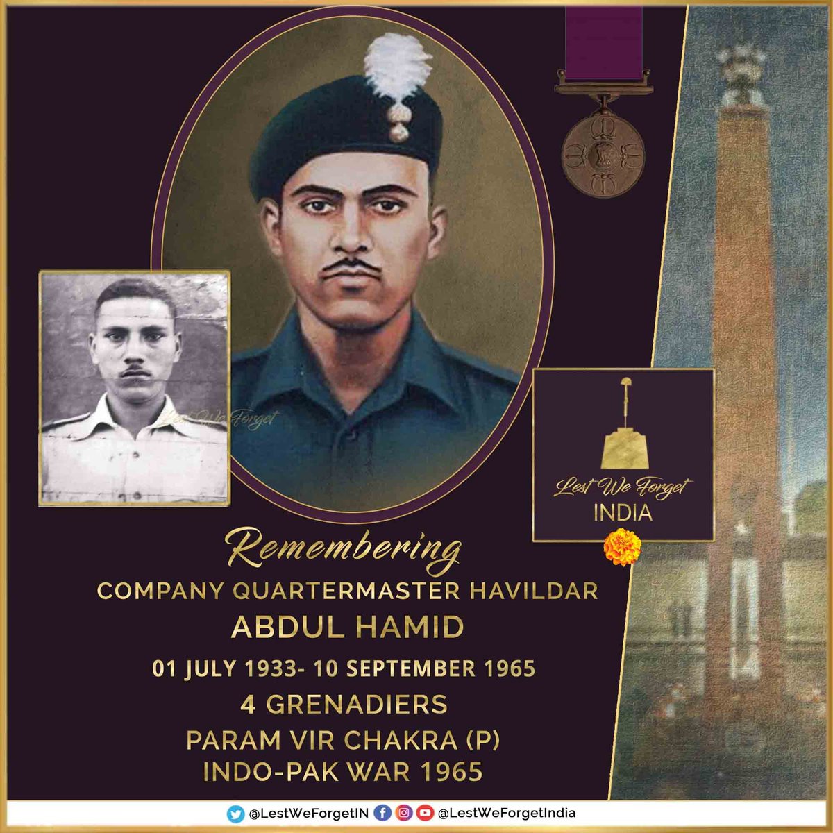 #Remembering1965 & the legend of Company Quartermaster Havildar Abdul Hamid, #ParamVirChakra (P), 4 GRENADIERS

#LestWeForgetIndia🇮🇳 the battle of Asal Uttar, and the supreme sacrifice of a #BravestOfTheBrave, while destroying 07 Pakistani Patton tanks #OnThisDay 10 September in…