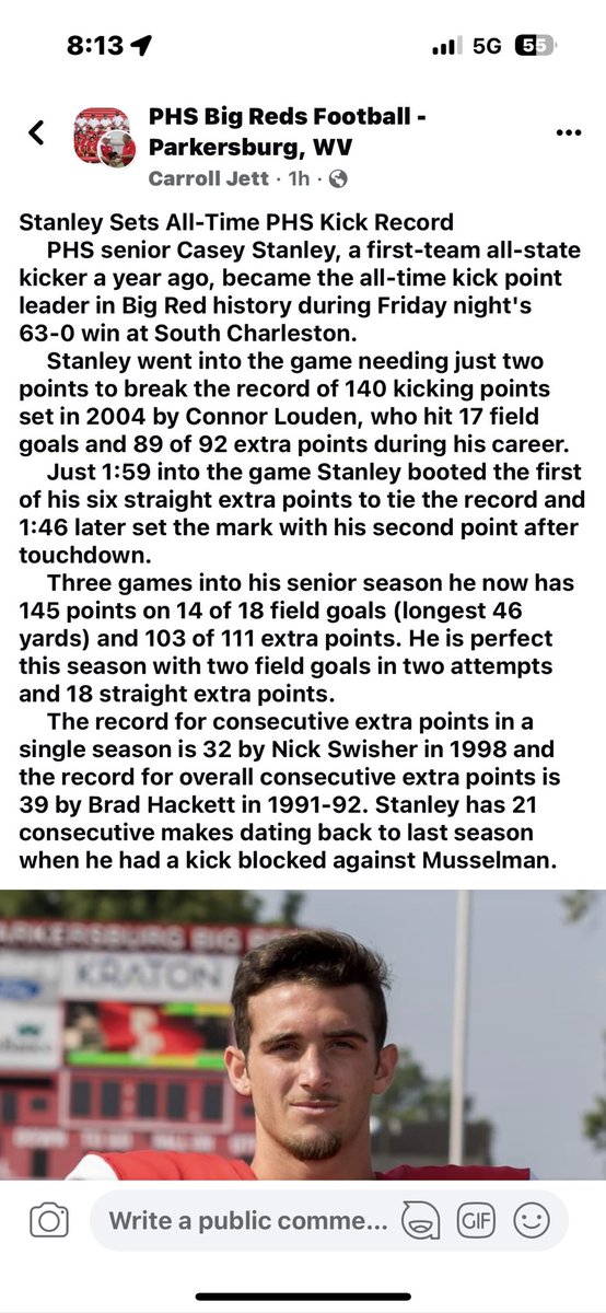 super excited to have set a new record at a school with a great history behind it!! Let’s keep it going! Go Big Reds!!! <a href="/bigredsfb/">Parkersburg Big Reds</a> <a href="/CoachMacKicking/">Coach Matt McCullough</a> <a href="/CoachTylerW/">Tyler Warner</a>