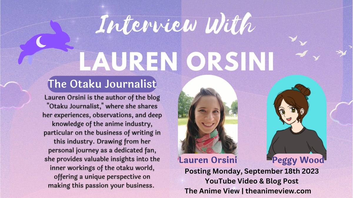 New Post and Video Upload on Monday, September 18th! Interview with Lauren Orsini <a href="/laureninspace/">Lauren Orsini</a>, creator of otakujournalist.com and author of "Otaku Journalism" - Come read or watch to learn more about this fantastic writer and how YOU can get a free copy of her book!