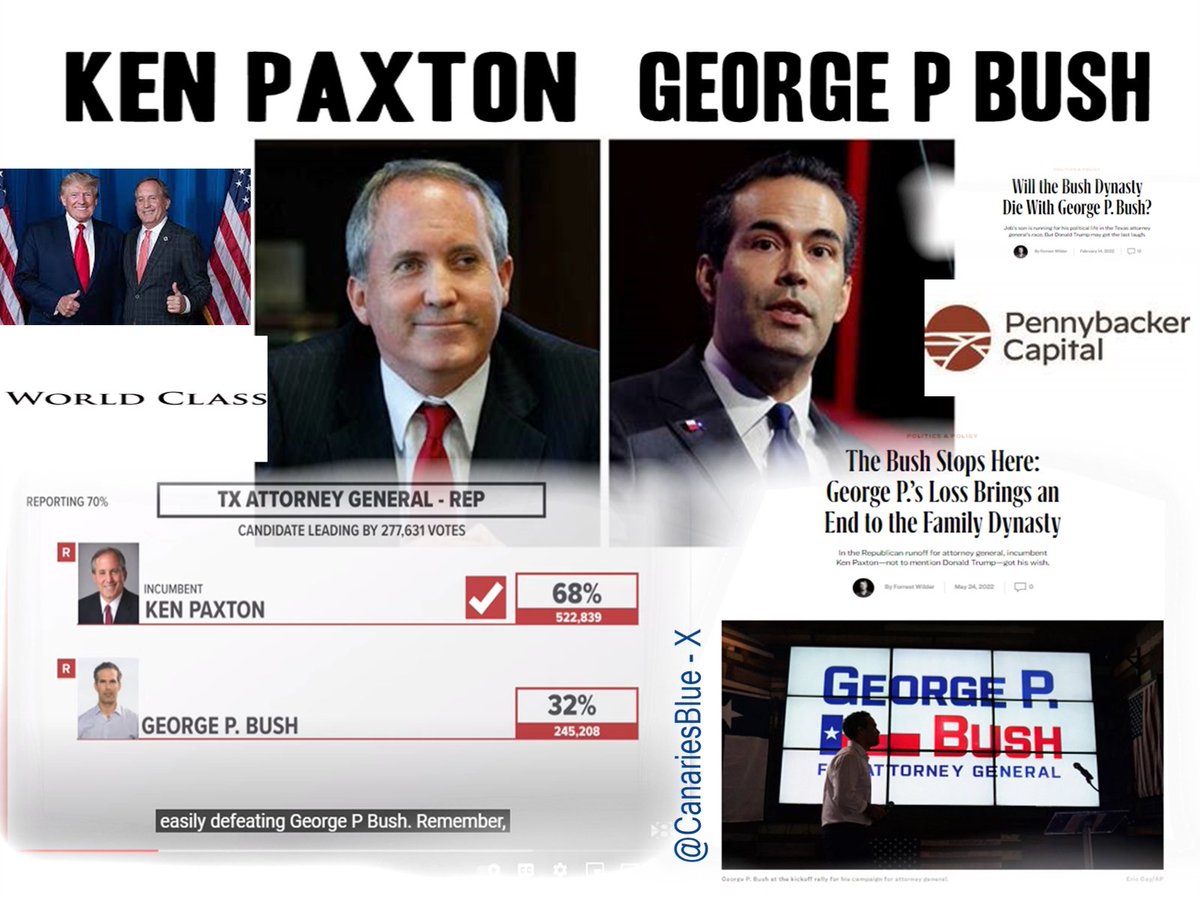 CanariesBlue's tweet image. 🔥 Ken Paxton's WIN against George P. Bush brought an end to the BUSH dynasty. The last Bush appeared to walk away quietly. Little did we know that this actually SPLIT the party in Texas. Then came the IMPEACHMENT of AG Ken Paxton. 
And little do we know- they are still in charge