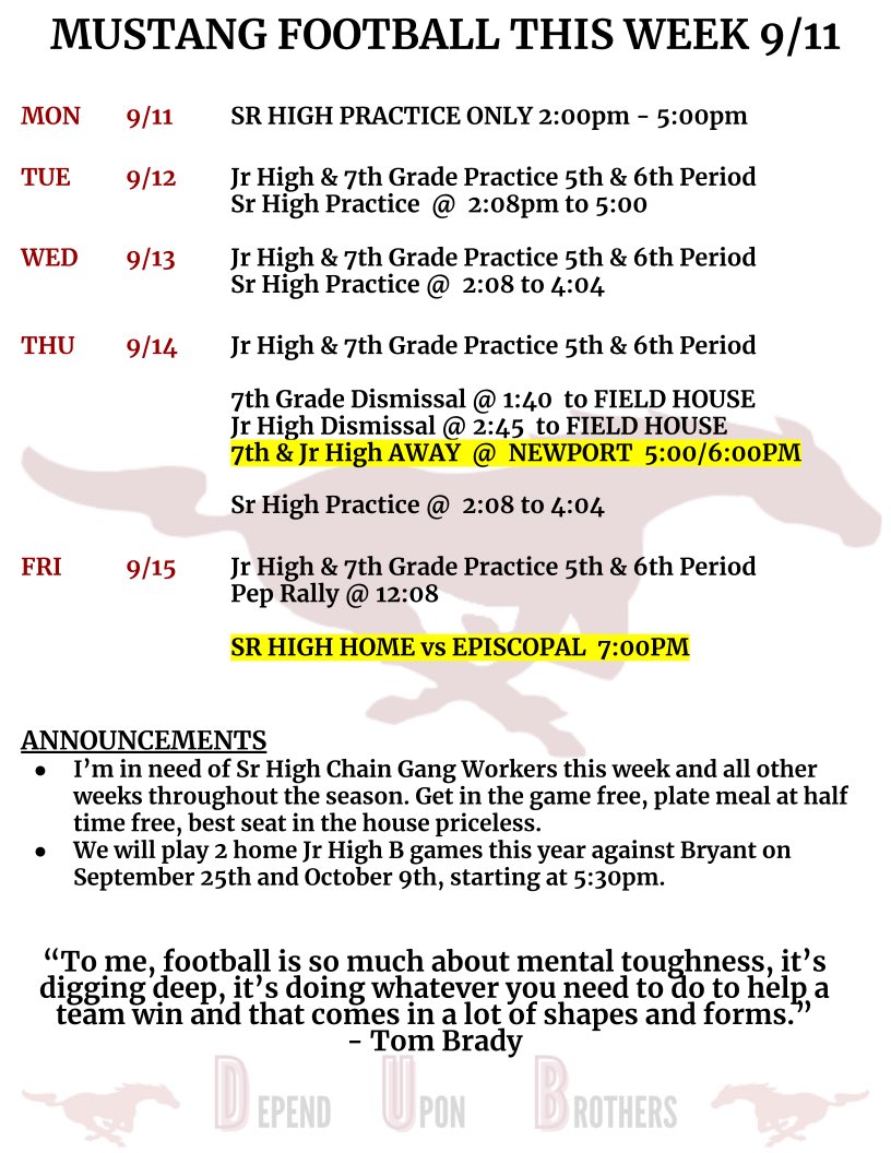 Weekly Schedule! Go Mustangs!