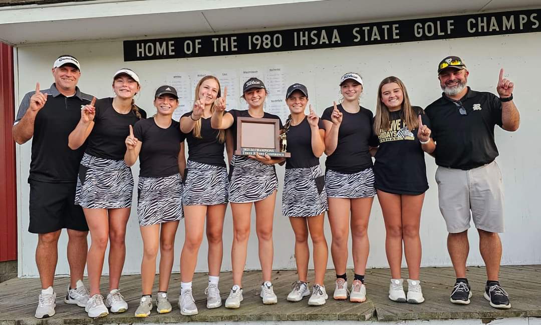 ZebraGolf's tweet photo. Lady Zebras bring home the first TRC Championship since 2014, Winning by 6 over Maconaquah.

Huge shout out to Olivia Bailey(76),Ava Thomas(79), and Payton Moore(88) for making top 10 ALL-CONFERENCE!

Also huge accomplishment for Ella McCarter who carded her best 18-hole score! https://t.co/E6sofGewa8