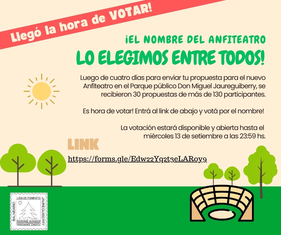 ¡Votá por los nombres propuestos para el Anfiteatro!

130 personas enviaron un nombre para el Anfiteatro de Jaureguiberry. 

Entrá en el link  y votá entre las 30 propuestas! 

Link forms.gle/Edw22Yq2t3eLAR…

La votación estará  abierta hasta el miércoles 13/set a las 23:59 hs.