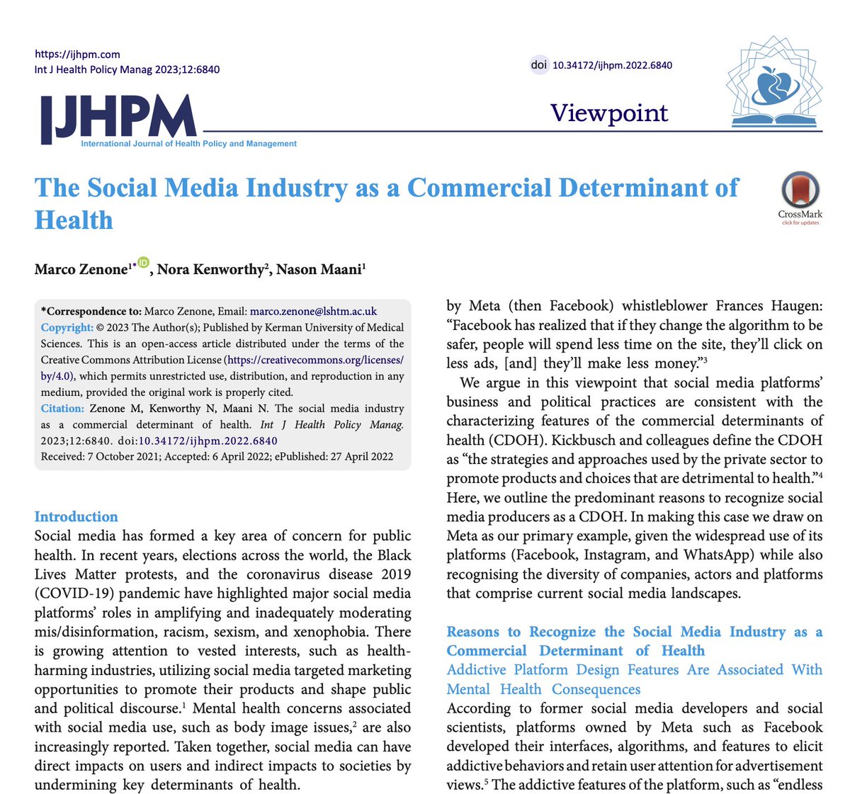 The Social Media Industry as a Commercial Determinant of Health #CDoH ijhpm.com/article_4248.h… via @spidermaani et al @PWGTennant