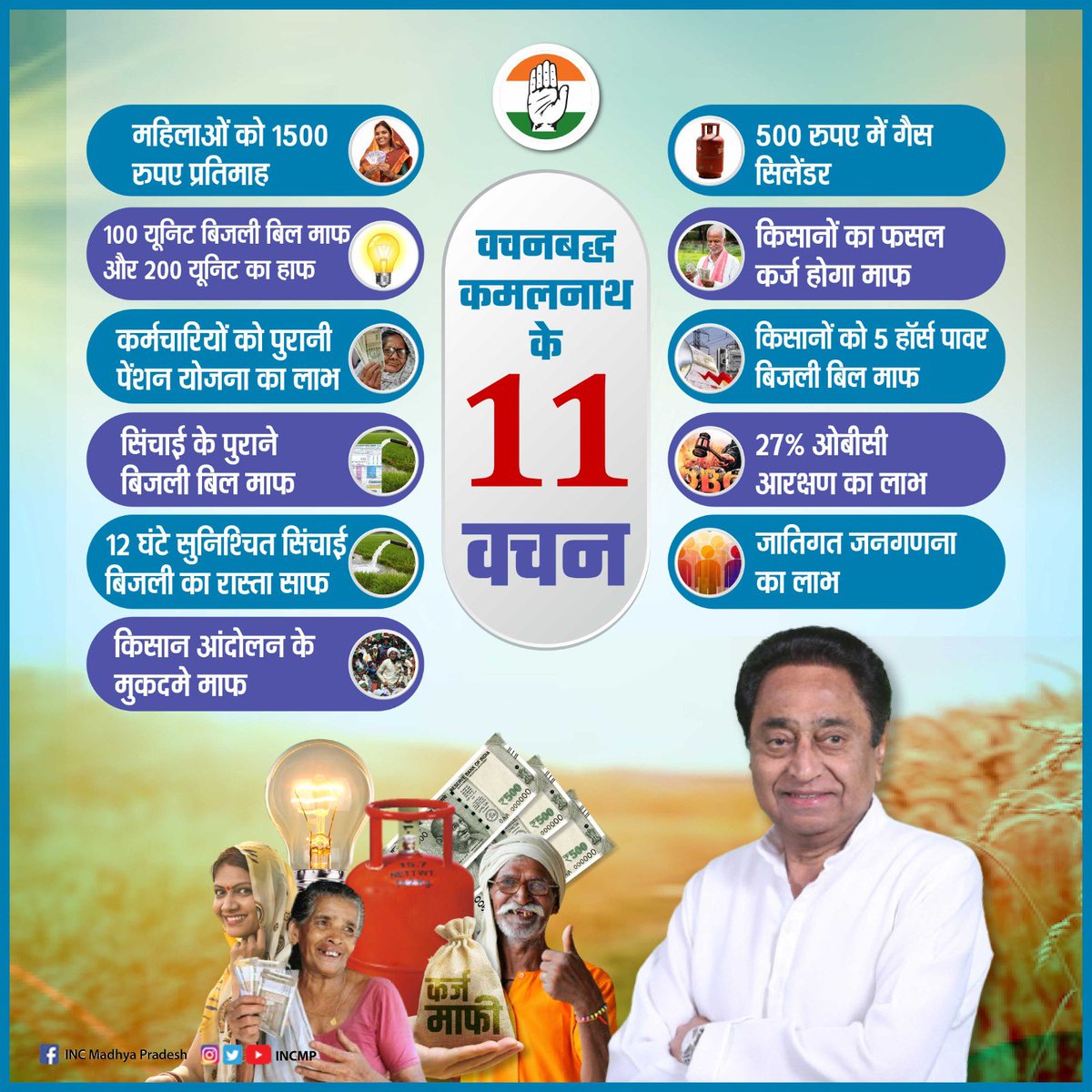 कमलनाथ के साथ,
11 वचनों की सौग़ात;

🔘 - महिलाओं को 1500 रूपये महीने
🔘 - 500 रुपए में गैस सिलेंडर
🔘 - 100 यूनिट बिजली फ़्री, 200 हाफ
🔘 - किसानों का कर्ज होगा माफ
🔘 - पुरानी पेंशन योजना लागू होगी 
🔘 - 5 हॉर्स पावर सिंचाई की बिजली फ़्री 
🔘 - किसानों के बिजली बिल माफ
🔘 -