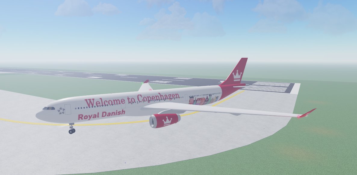 RoyalDanishCCS's tweet photo. Anddd... presenting our latest livery on our A330-200, the "Welcome to Copenhagen" livery! One cool thing about this livery is you can find the phrase in English and in Danish! You can also see the charming Copenhagen architecture near the rear of the plane. ❤️ #CCSLivery https://t.co/J7hEzx5Jdm